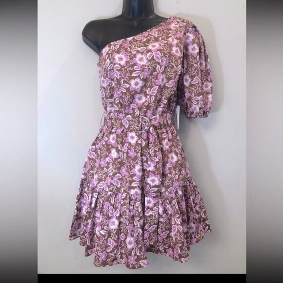 Jason Wu one shoulder floral cotton blend belted mini dress. M - Picture 2 of 16